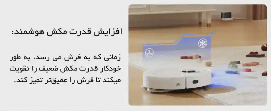 پوستر افزایش مکش L10s Pro Gen 2 روی فرش جاروی L10s Pro Gen 2 روی فرش با فلشها و آیکونهای آبی در پوستر افزایش مکش