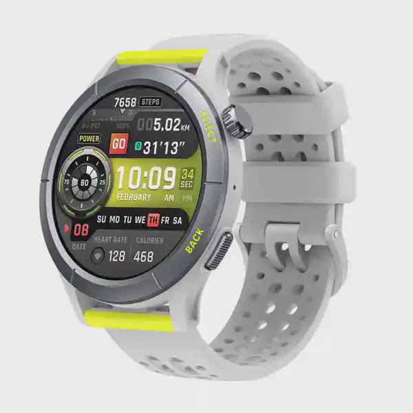نمای اصلی Amazfit Cheetah Round ساعت هوشمند Amazfit Cheetah Round خاکستری با بند سوراخدار و جزئیات فسفری