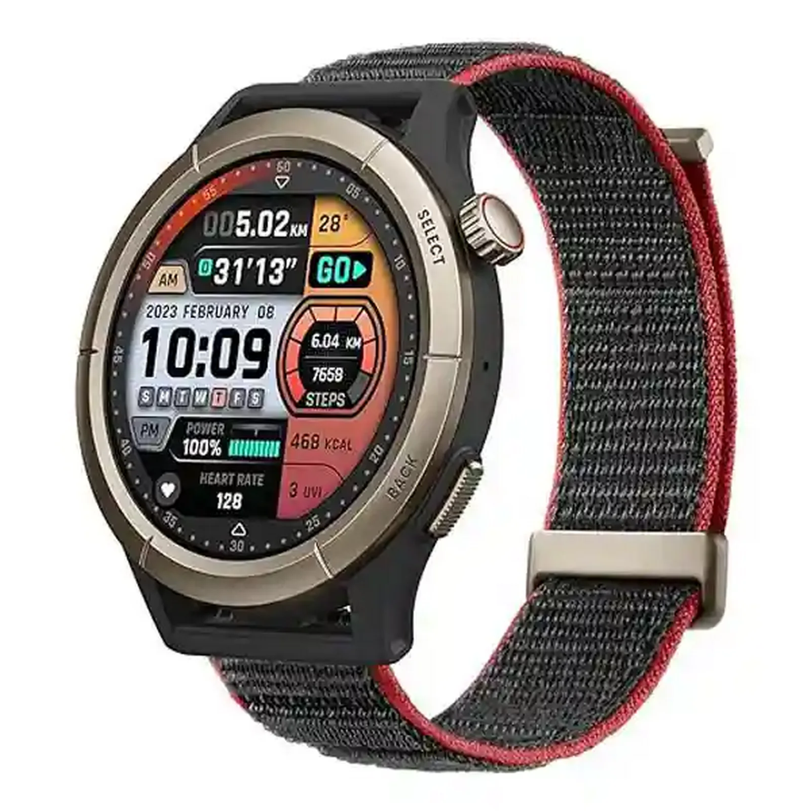 ساعت هوشمند Amazfit Cheetah Pro با قاب فلزی و بند پارچه‌ای مشکی قرمز