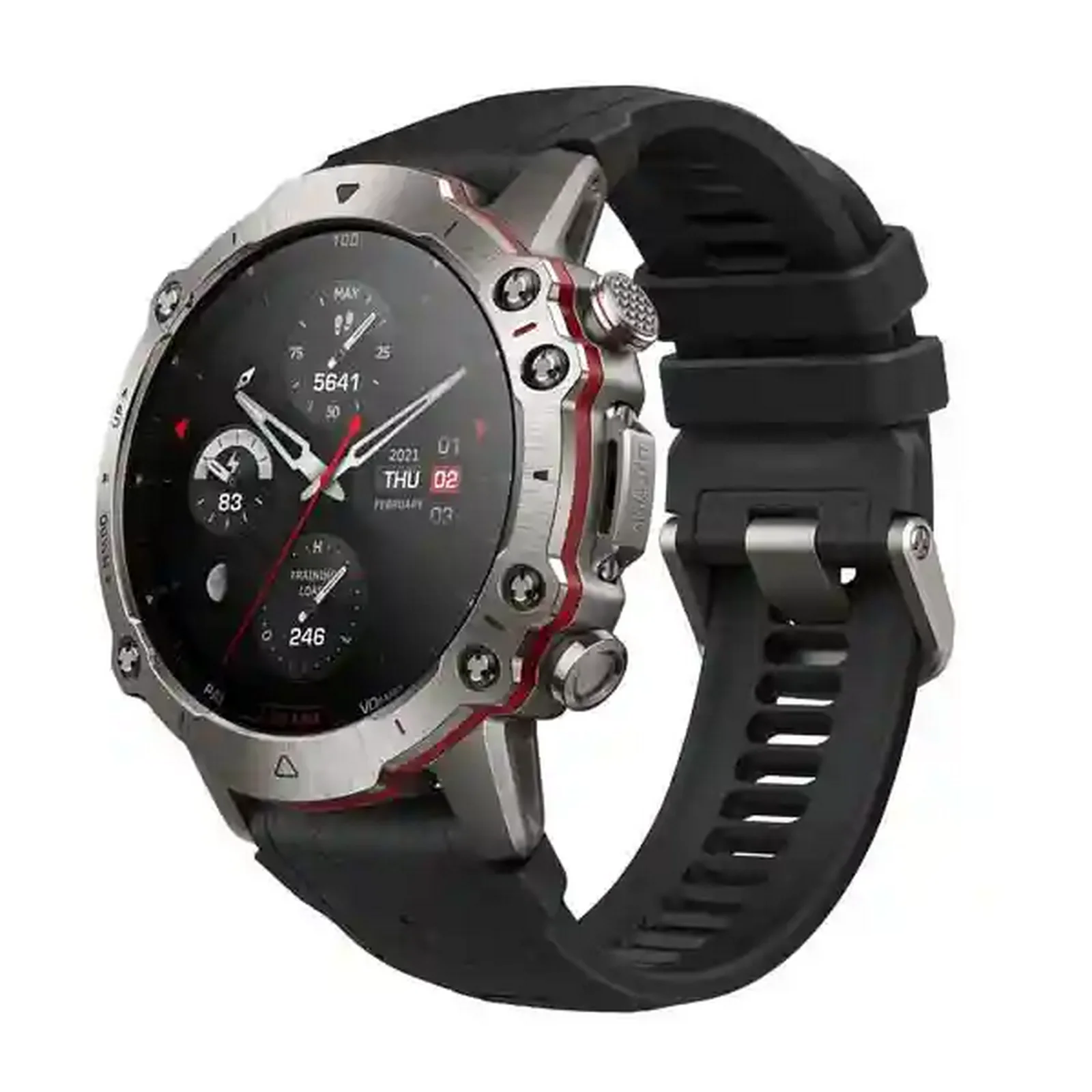 ساعت هوشمند Amazfit Falcon نقره‌ای با قاب پیچ‌دار و بند مشکی