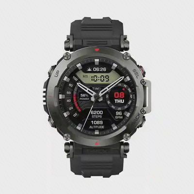 نمای روبه‌روی Amazfit T-Rex Ultra مشکی با صفحه عقربه‌ای و داده‌های ورزشی