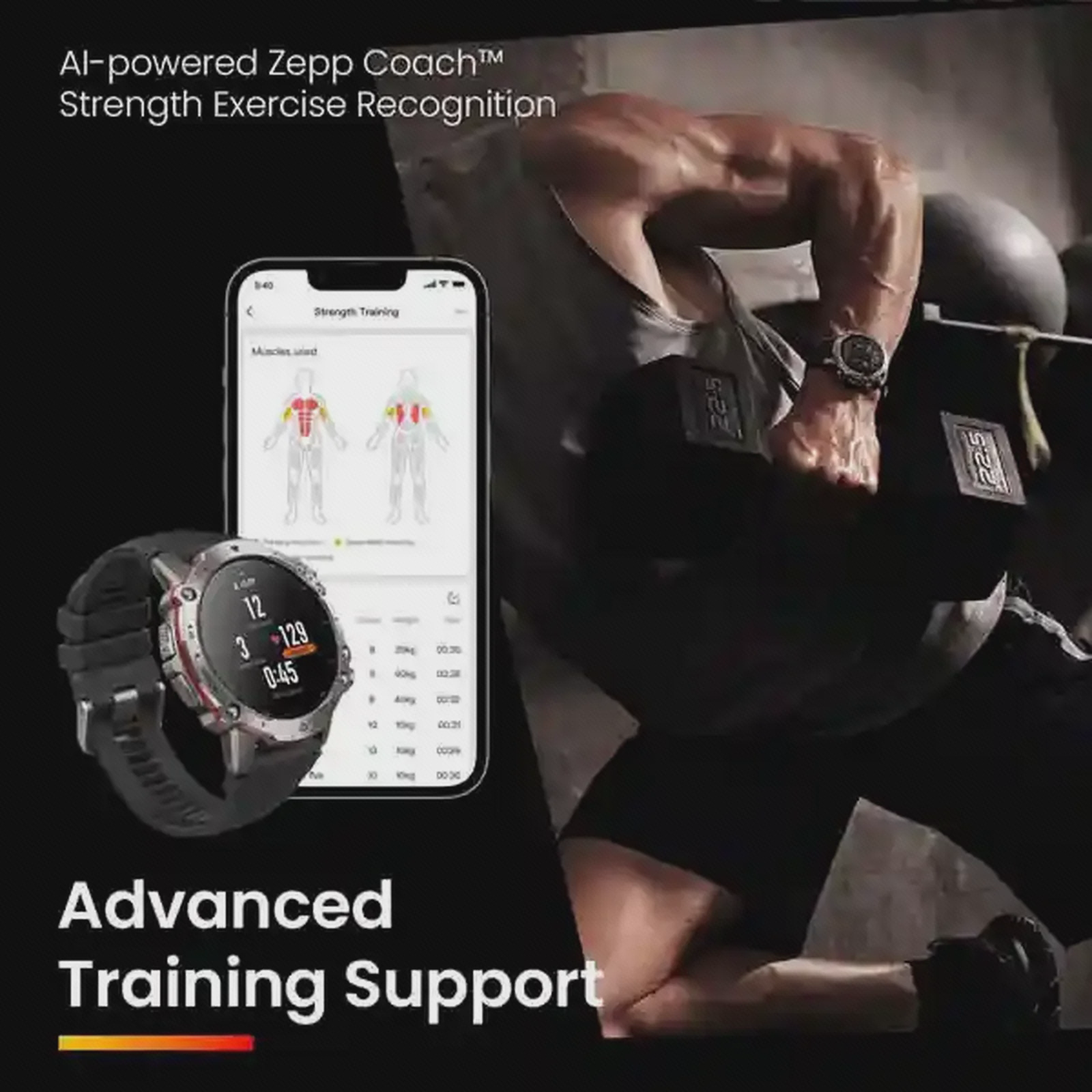 پشتیبانی تمرینی Amazfit Falcon تمرین قدرتی با ساعت Amazfit Falcon و نمایش عضلات در برنامه Zepp