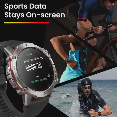 نمایش داده ورزشی Amazfit Falcon هنگام دوچرخه‌سواری، دویدن و شنا