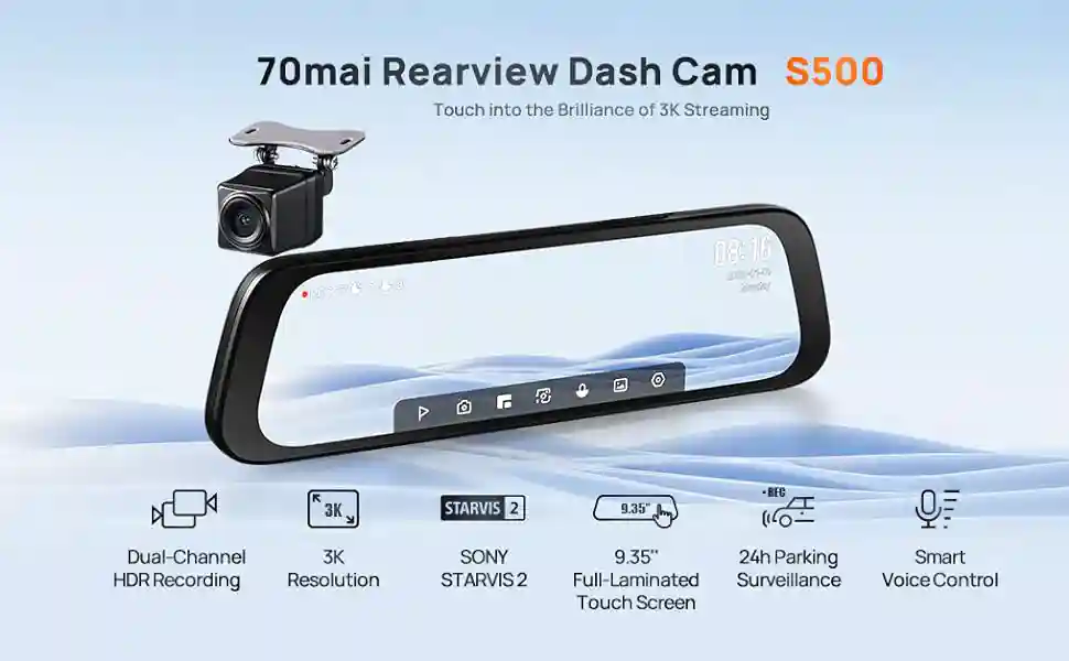 دوربین خودرو شیائومی مدل 70mai Rearview S500 ست دوربین جلو و عقب - امنیت رانندگی با دوربین خودرو شیائومی مدل 70mai Rearview S