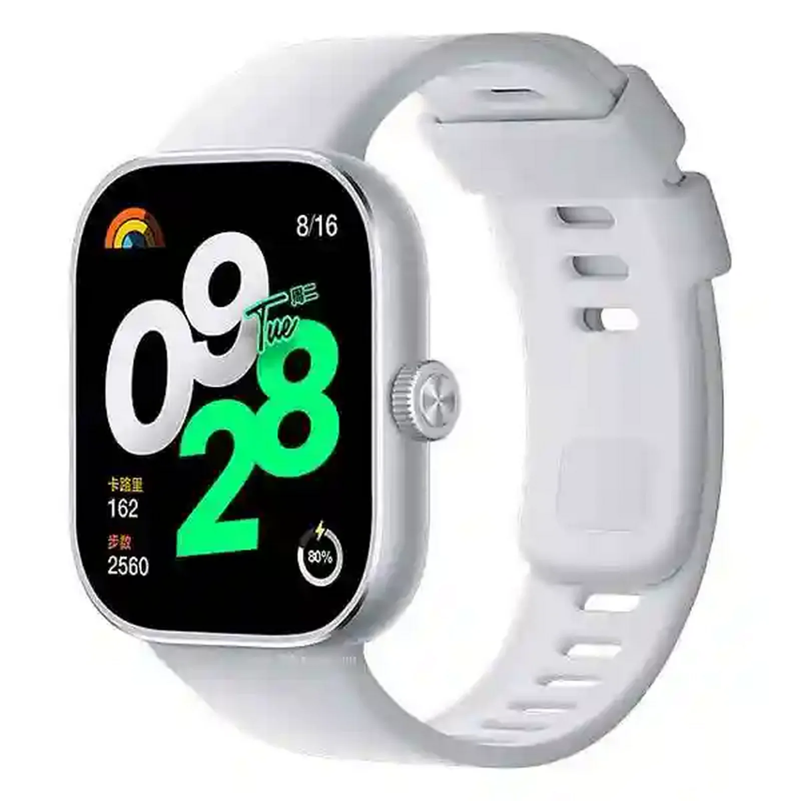 نمای سهرخ Redmi Watch 4 با قاب روشن و بند سیلیکونی سفید ساعت هوشمند Redmi Watch 4 نقرهای با بند سفید