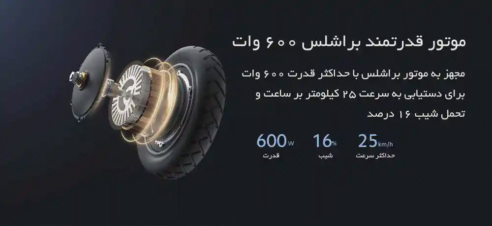 پوستر موتور اسکوتر Xiaomi 4 برش نمایشی موتور چرخ اسکوتر Xiaomi 4 کنار اعداد توان و سرعت در پوستر فارسی