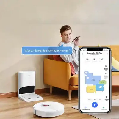 کنترل Dreame D10 Plus با اپلیکیشن و فرمان صوتی از روی مبل