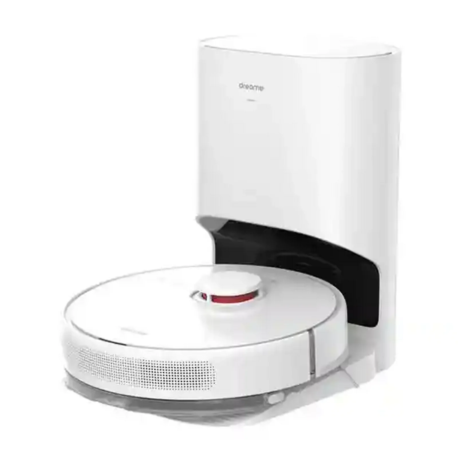 نمای اصلی Dreame D10 Plus و پایه جمعآوری گردوغبار جارو رباتیک سفید Dreame D10 Plus همراه ایستگاه تخلیه خودکار