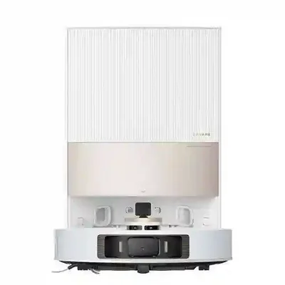 نمای روبهروی Dreame L30 Ultra سفید با داک شارژ جارو رباتیک سفید Dreame L30 Ultra روبهروی ایستگاه نظافت خودکار