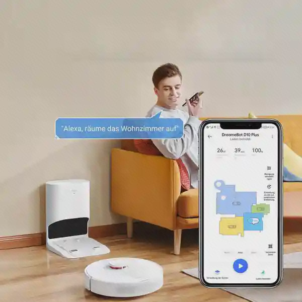 کنترل Dreame D10 Plus با اپلیکیشن و فرمان صوتی از روی مبل
