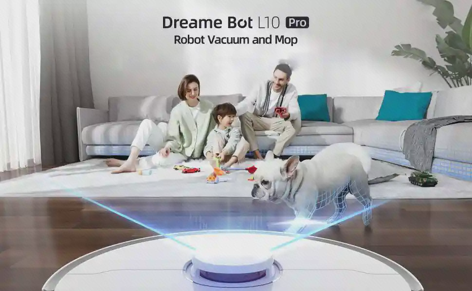 خانواده و سگ در اتاق نشیمن پشت Dreame L10 Pro با نمایش گرافیکی آبی محدوده اسکن