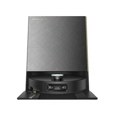 ربات Dreame X60 Ultra در ایستگاه شارژ نمای روبه روی Dreame X60 Ultra Complete روی داک با برجک لیزری روشن