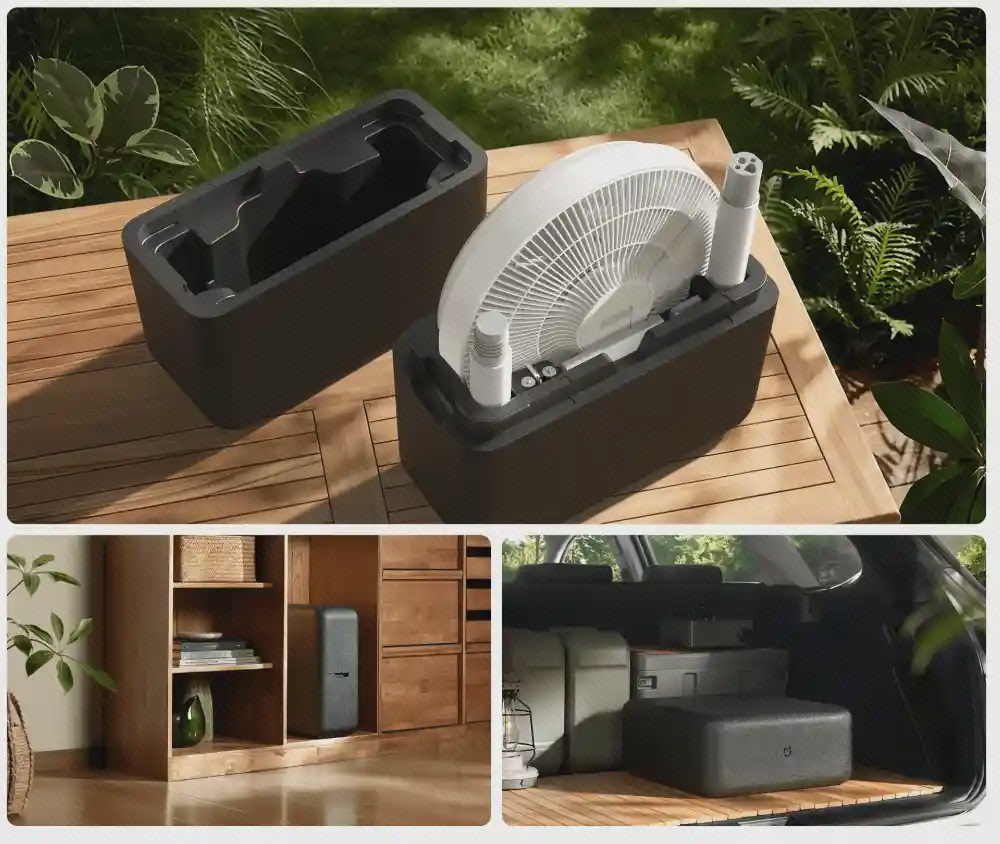 کیف حمل پنکه Mijia Fan Pro Slim قطعات پنکه Mijia Fan Pro Slim داخل کیف مشکی در پوستر حمل و نگهداری دستگاه