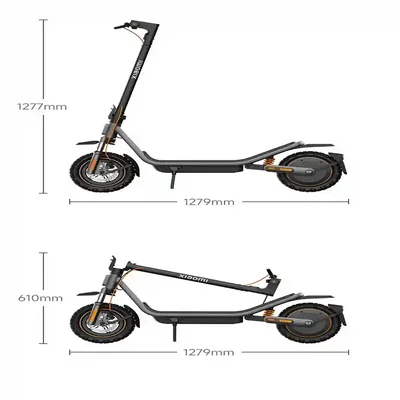 اندازه بدنه Xiaomi Scooter 6 Pro باز و جمع شده ابعاد اسکوتر شیائومی 6 Pro در حالت باز و تاشده با طول 1279 میلی متر
