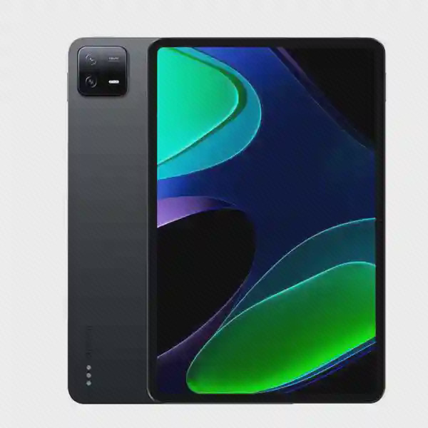 تبلت شیائومی Pad 6 رم ۸ و حافظه ۲۵۶ در نمای جلو و پشت نمای اصلی تبلت Xiaomi Pad 6 خاکستری از جلو و پشت با نمایشگر سبز و آبی و ماژول دوربین مربعی