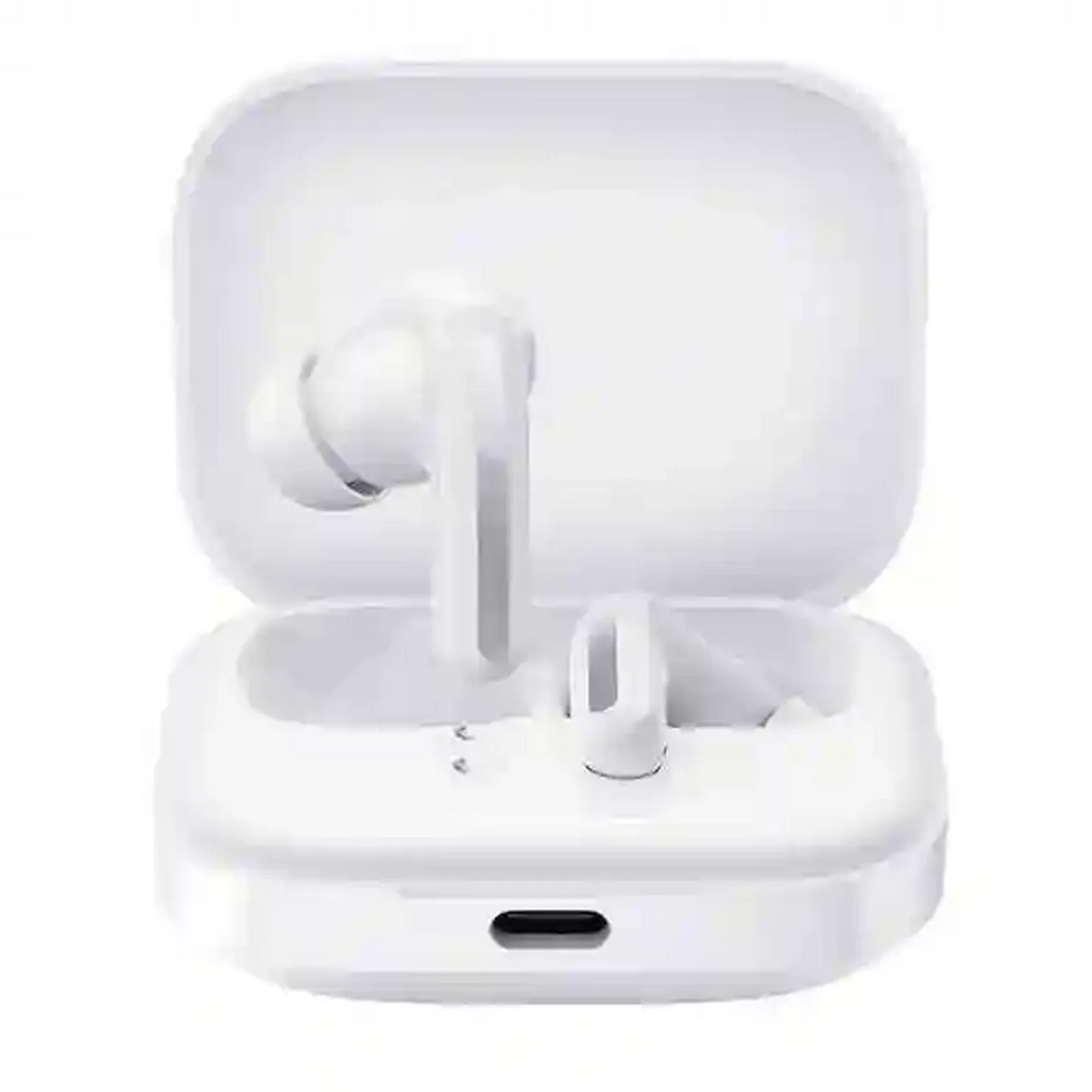 هندزفری شیائومی Redmi Buds 5 سفید با کیس باز نمای اصلی هندزفری سفید Redmi Buds 5 داخل کیس شارژ باز با یک ایرباد ایستاده و درگاه USB-C جلو
