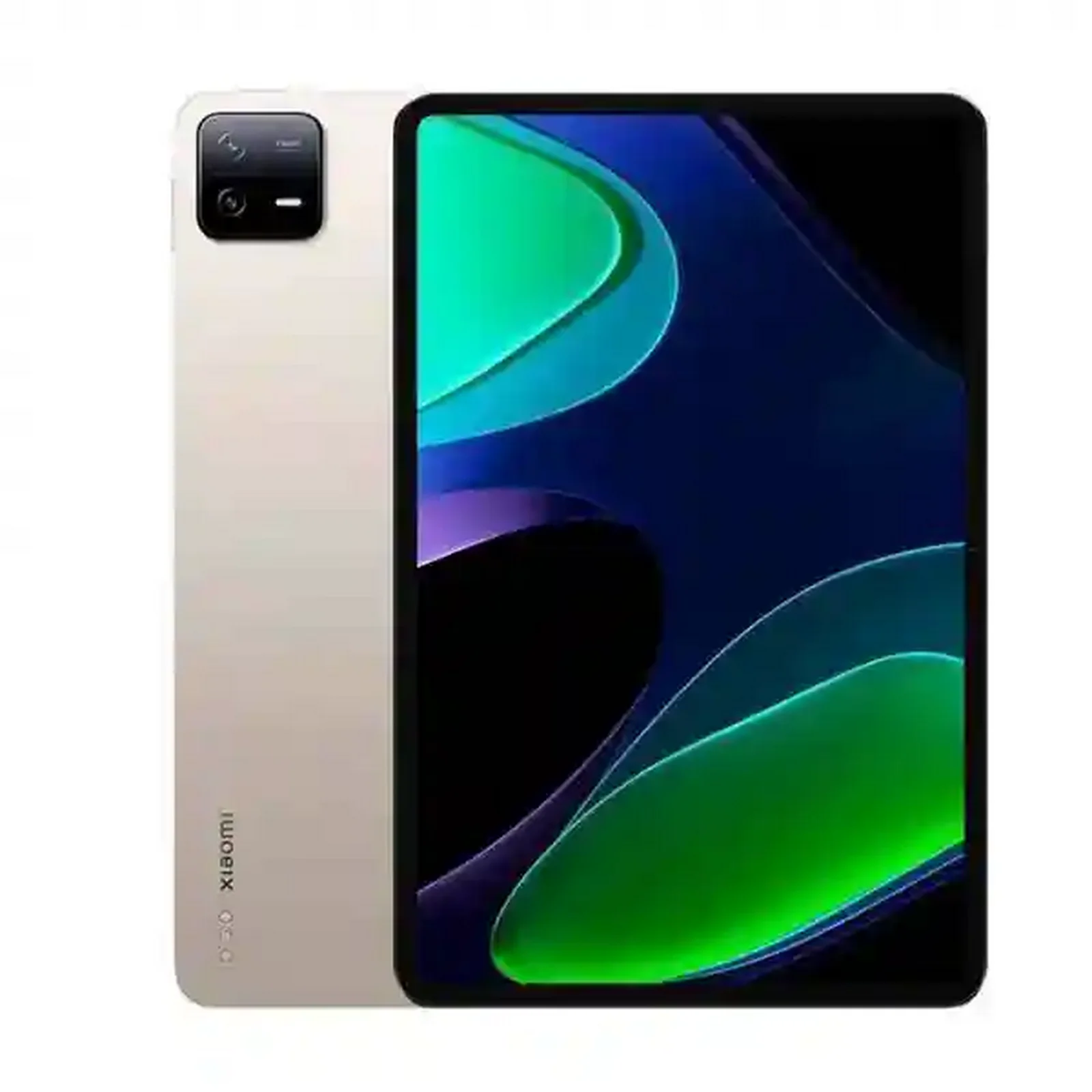 نسخه طلایی Xiaomi Pad 6 حافظه ۲۵۶ گیگابایت تبلت Xiaomi Pad 6 طلایی روشن از جلو و پشت با نمایشگر سبز و آبی و دوربین مربعی مشکی