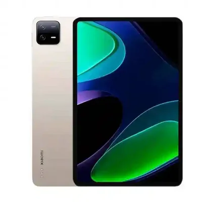 نسخه طلایی Xiaomi Pad 6 حافظه ۲۵۶ گیگابایت تبلت Xiaomi Pad 6 طلایی روشن از جلو و پشت با نمایشگر سبز و آبی و دوربین مربعی مشکی