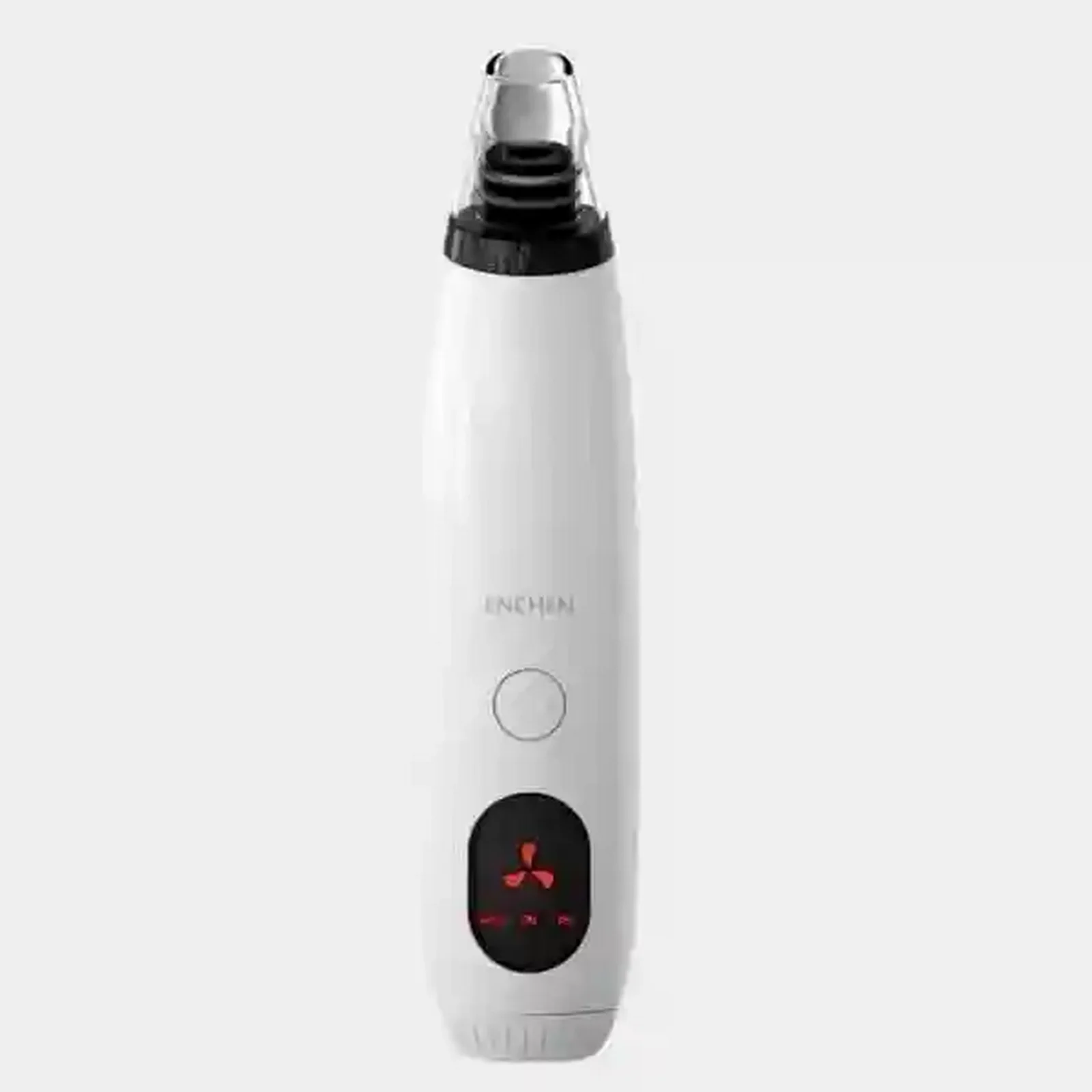 میکرودرم شیائومی مدل Enchen EB1001 در نمای اصلی روبهرو نمای اصلی میکرودرم شیائومی مدل Enchen EB1001 سفید با سری شفاف، دکمه گرد و نمایشگر مشکی قرمز