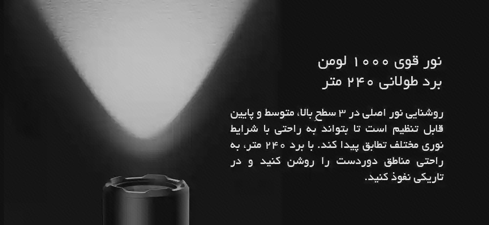 پوستر نور اصلی چراغقوه MJSDT001QW سر چراغقوه با مخروط نور سفید کنار اعداد ۱۰۰۰ لومن و ۲۴۰ متر در پوستر MJSDT001QW
