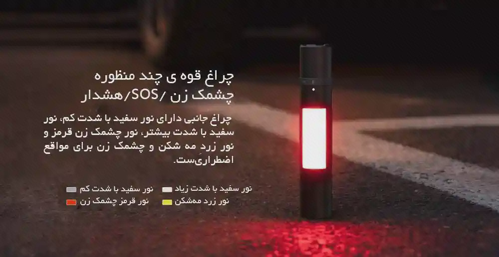 پنل نور قرمز جانبی MJSDT001QW در پوستر چراغقوه MJSDT001QW ایستاده روی زمین با پنل جانبی قرمز در پوستر حالت هشدار