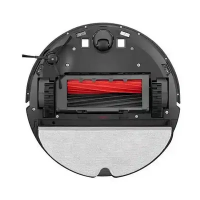 جارو رباتیک شیائومی مدل Roborock Q8 Max از زیر با رول‌های قرمز و مشکی، برس کناری، چرخ‌ها و پد سفید