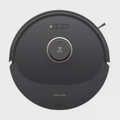 جارو رباتیک شیائومی مدل Roborock Q8 Max Plus در نمای عمودی سطح براق جارو رباتیک شیائومی مدل Roborock Q8 Max Plus مشکی از نمای کاملاً بالا با برجک دارای نشان Z
