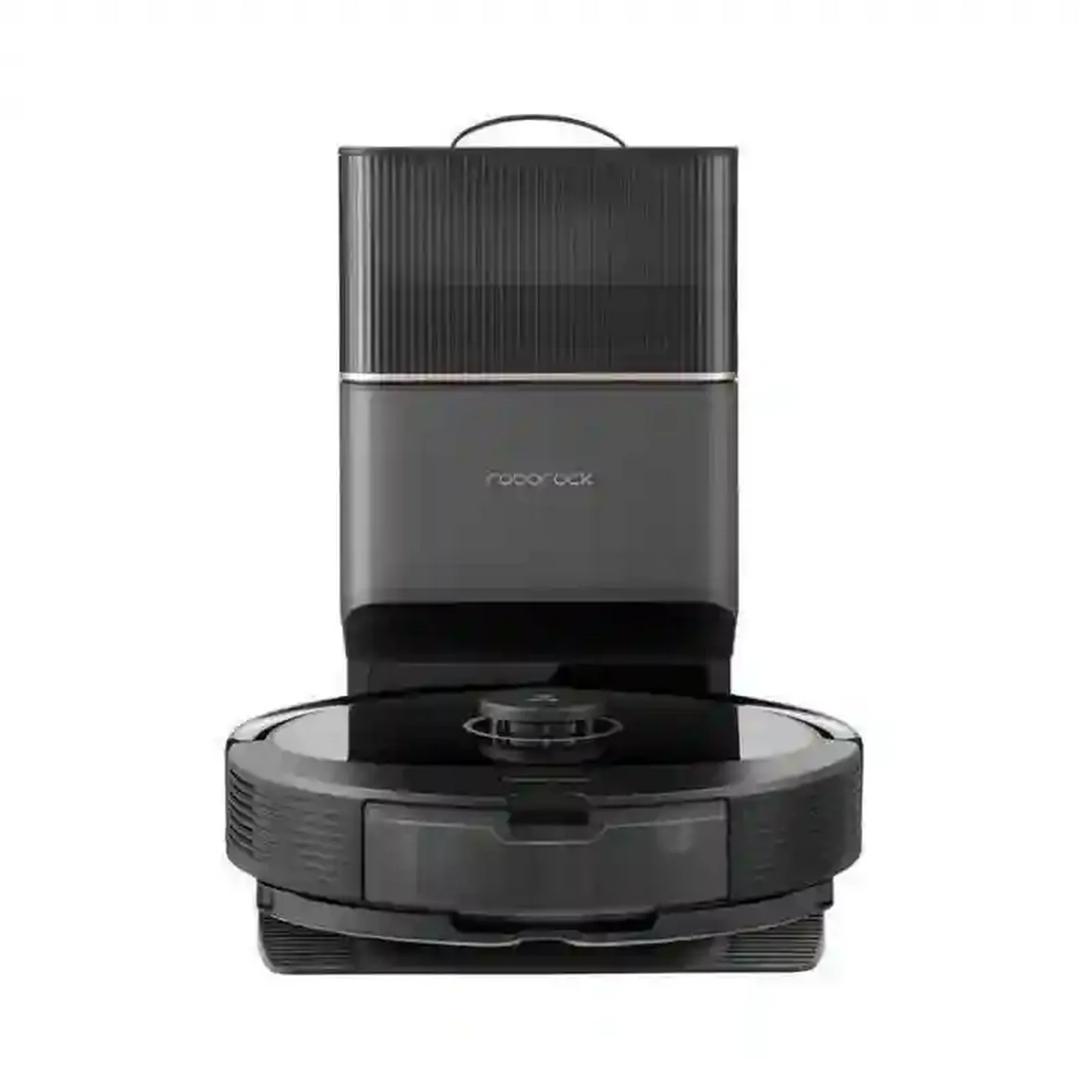 نمای اصلی جارو رباتیک شیائومی مدل Roborock Q8 Max Plus مشکی جلوی ایستگاه تخلیه بلند