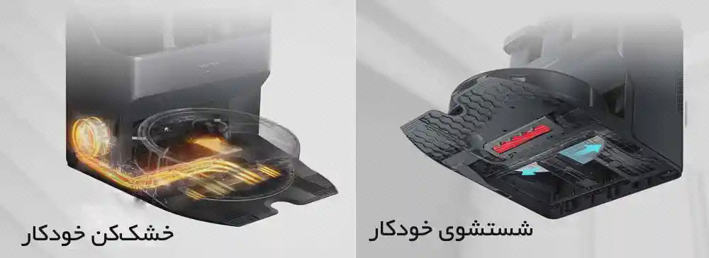 پوستر نظافت پد در ایستگاه روبوراک S7 MaxV Ultra دو نمای بخش پایینی ایستگاه روبوراک S7 MaxV Ultra با گرافیک نارنجی و آبی نظافت پد