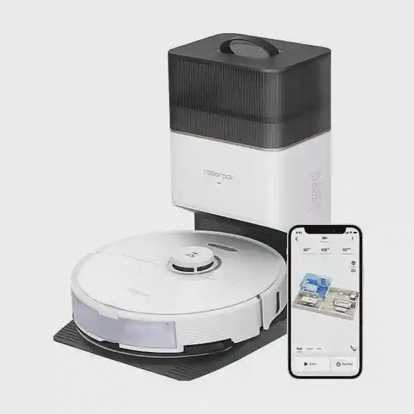 Roborock S8 Plus سفید با کنترل موبایل جارو رباتیک سفید Roborock S8 Plus همراه داک و اپلیکیشن موبایل