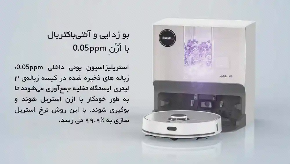 پوستر عملکرد محفظه ایستگاه Lydsto W2 جارو سفید Lydsto W2 جلوی ایستگاه با گرافیک بنفش داخل محفظه و متن فارسی کنار آن