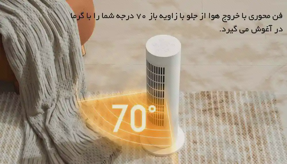 پوستر چرخش بخاری شیائومی Tower Heater Lite بخاری Tower Heater Lite از بالا کنار مبل با قطاع نارنجی و عدد زاویه ۷۰ درجه