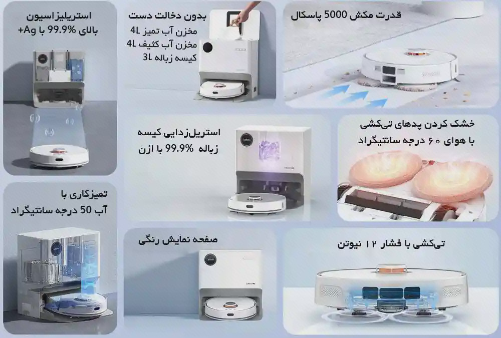 پوستر امکانات جارو و ایستگاه Lydsto W2 پوستر چندبخشی Lydsto W2 شامل جارو، ایستگاه، مخزن، پدها و تصاویر عملکرد نظافت