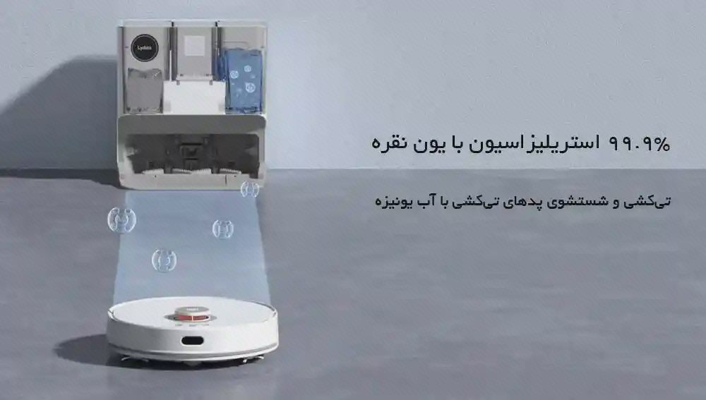پوستر مخزنهای ایستگاه جارو Lydsto W2 ایستگاه Lydsto W2 در نمای برش با مخزن آبی و گرافیک قطرات رو به جارو