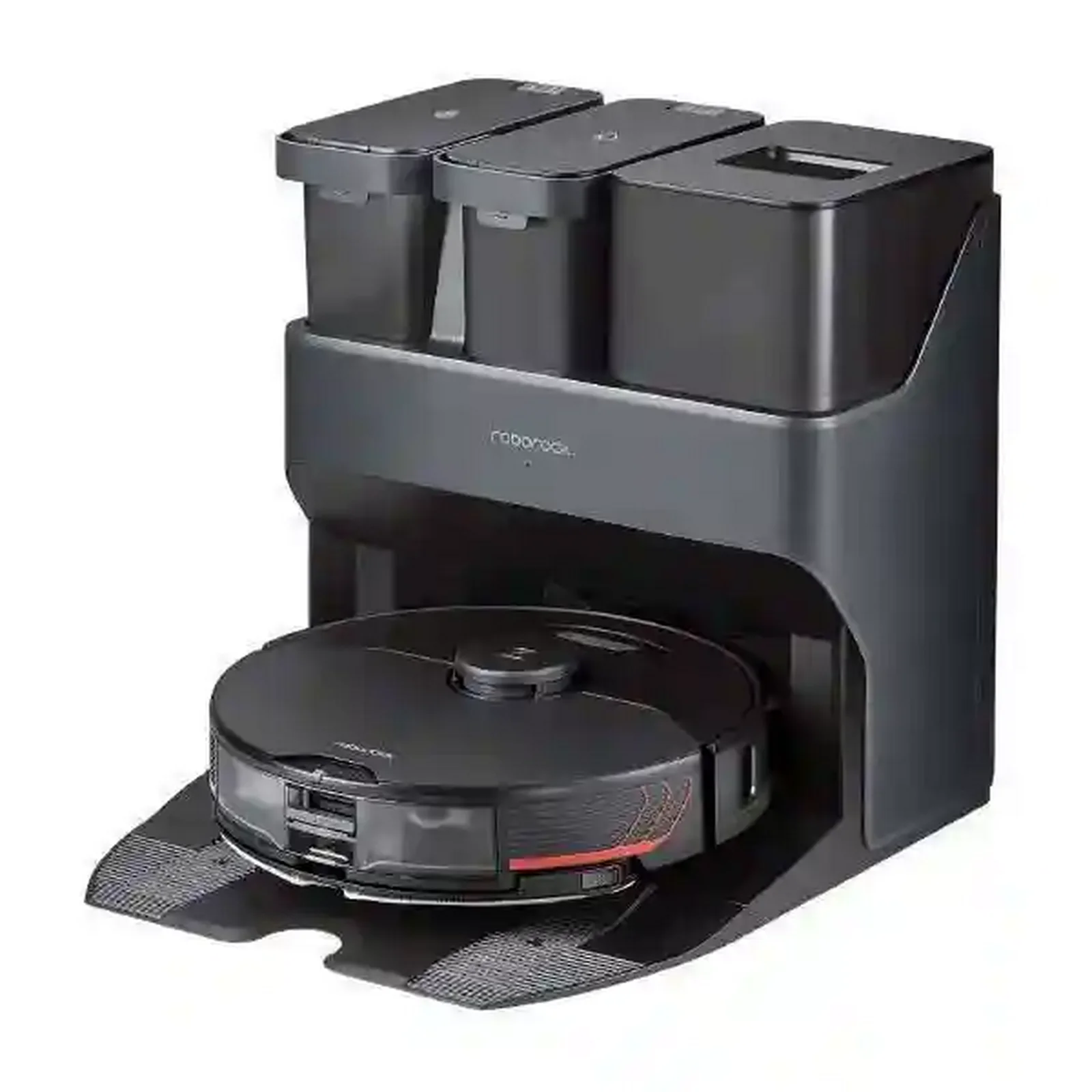 جارو رباتیک Roborock S7 MaxV Ultra با داک همهکاره جارو رباتیک مشکی Roborock S7 MaxV Ultra روی داک سه مخزنه