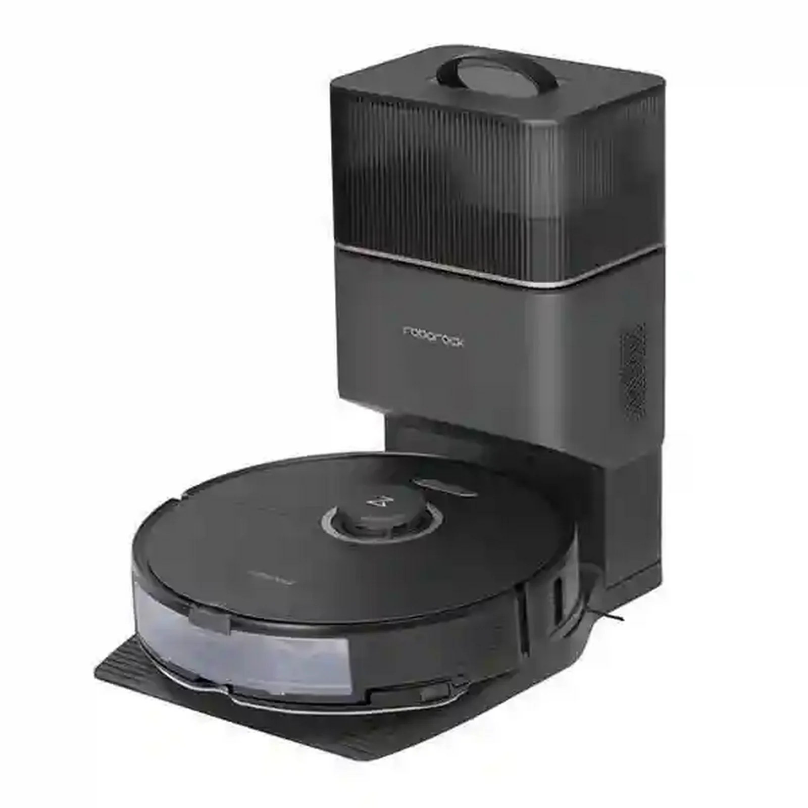 جارو رباتیک Roborock S8 Plus مشکی نمای اصلی جارو رباتیک مشکی Roborock S8 Plus متصل به ایستگاه تخلیه