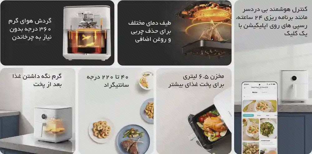 کلاژ پخت و کنترل هواپز Xiaomi MAF10 کلاژ قابلیتهای هواپز Xiaomi MAF10 با غذاها، محفظه پخت و صفحه برنامه روی گوشی
