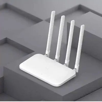 نمای سه‌ربع روتر Xiaomi 4A سفید روی پایه‌های خاکستری