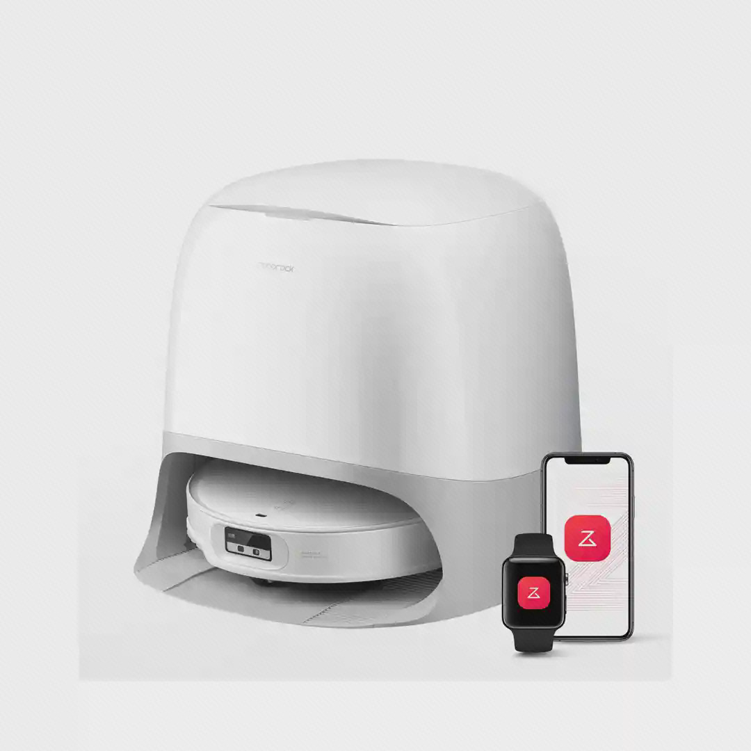 روبوراک Qrevo CurvX با ایستگاه چندکاره و کنترل هوشمند جارو رباتیک Roborock Qrevo CurvX داخل داک سفید همراه اپ موبایل و ساعت