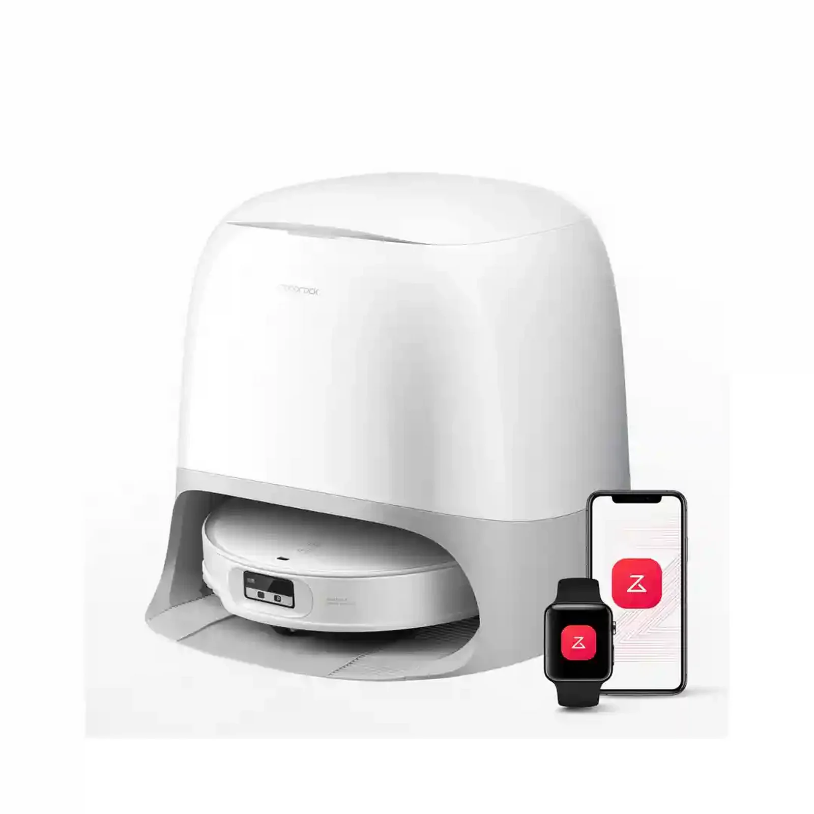 جارو رباتیک Roborock Qrevo CurvX داخل داک سفید همراه اپ موبایل و ساعت