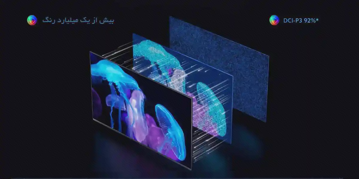 لایههای رنگ تلویزیون Q2 در پوستر تصویر تلویزیون Xiaomi Q2 با لایههای گرافیکی رنگ و نوشته DCI-P3 در پوستر