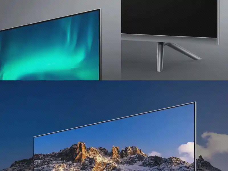 نمای لبه و پایه تلویزیون Xiaomi Q2 کلاژ تلویزیون Xiaomi Q2 شامل لبه نمایشگر، پایه و نمای کامل با تصویر کوهستان
