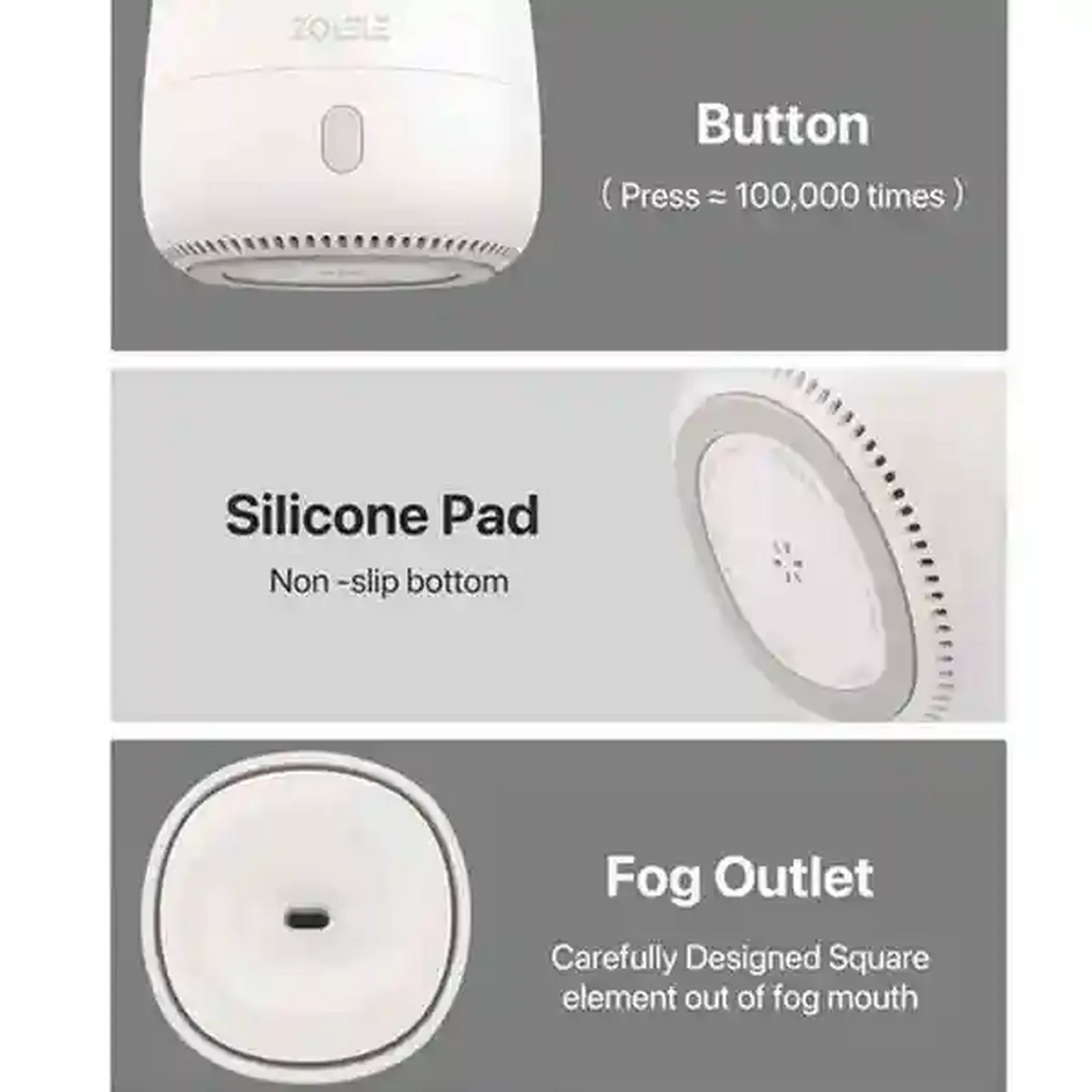 جزئیات بدنه Xiaomi Zolele AD1 کلید، پد سیلیکونی و خروجی مه رطوبتساز Zolele AD1
