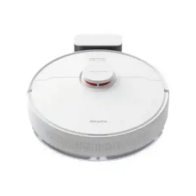 جارو Dreame D10S و پایه شارژ از روبهرو نمای روبهرو جارو رباتیک Dreame D10S مقابل داک شارژ