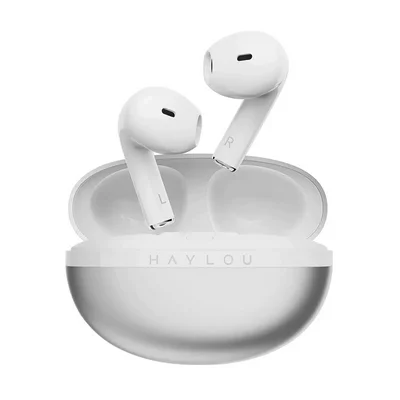 نمای اصلی هندزفری سفید Haylou X1 2023 بالای کیس باز
