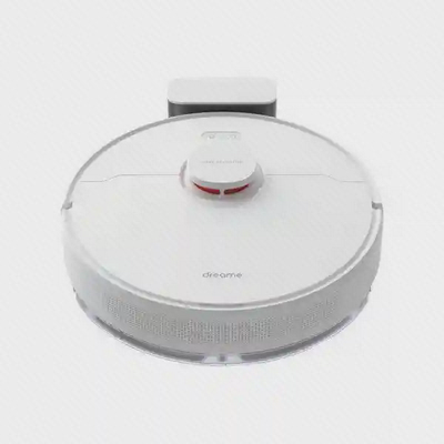 جارو Dreame D10S و پایه شارژ از روبهرو نمای روبهرو جارو رباتیک Dreame D10S مقابل داک شارژ