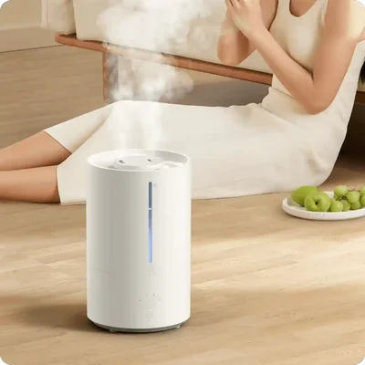 رطوبتساز MJJSQ05DY در فضای نشیمن بخاردهی Smart Humidifier 2 در اتاق کنار بانوی نشسته و میوهها