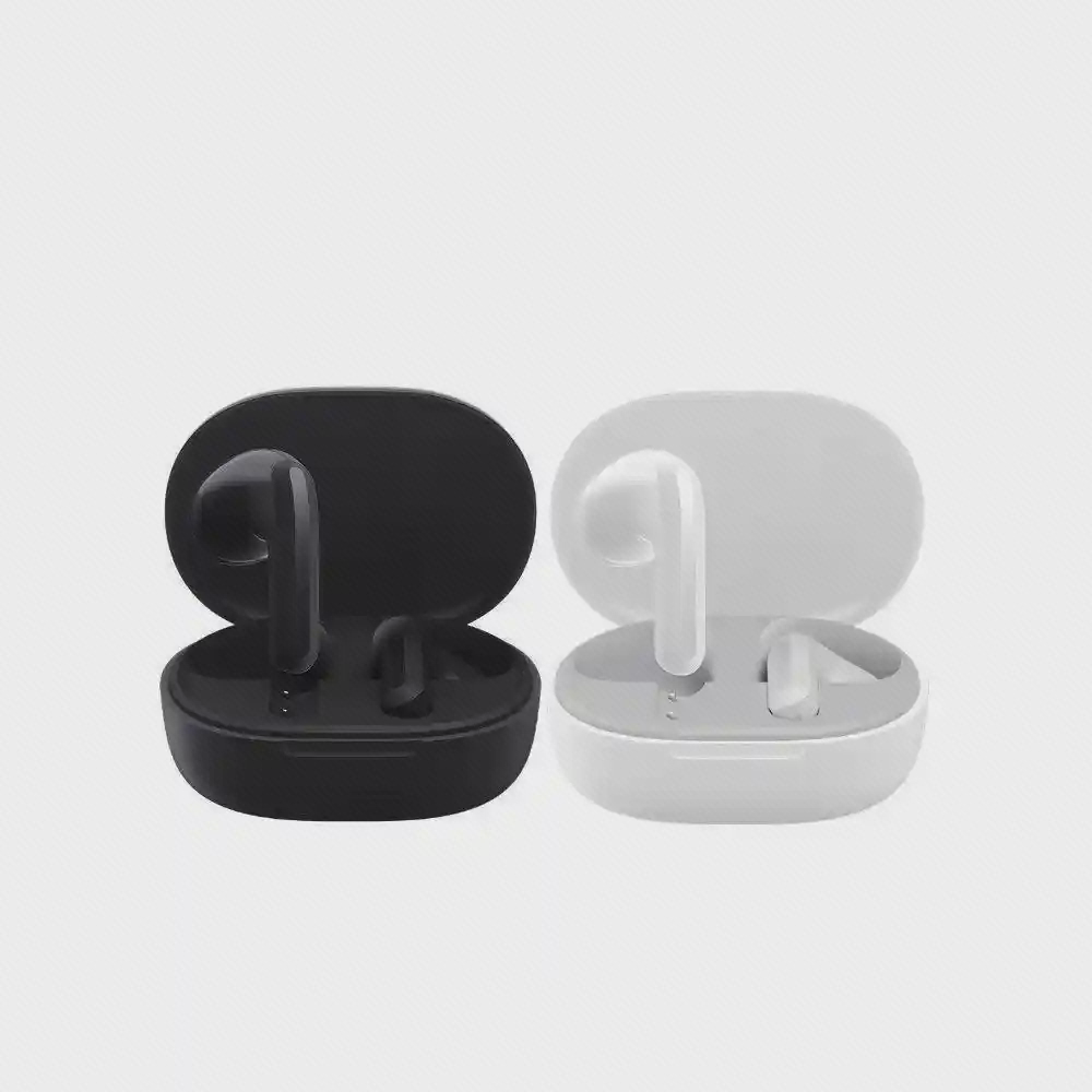 دو رنگ ردمی بادز ۴ لایت با محفظه شارژ مقایسه هندزفری Redmi Buds 4 Lite مشکی و سفید در کیس باز