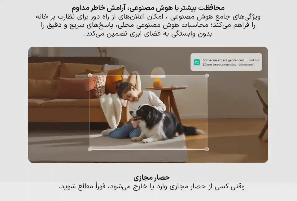پوستر تعیین محدوده تشخیص برای Xiaomi C302 پوستر محدوده مجازی دوربین شیائومی C302 با کادر روی کودک و سگ در اتاق