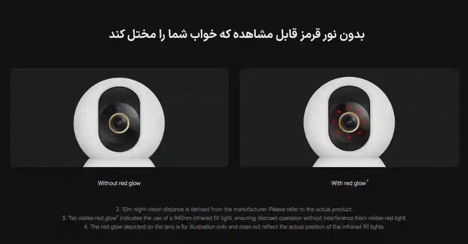 دو نمای لنز دوربین شیائومی C701 روی زمینه مشکی برای مقایسه نور قرمز قابل مشاهده در شب